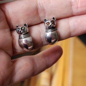 Silver Cat Earrings with Blue And Red Gemstone Eyes